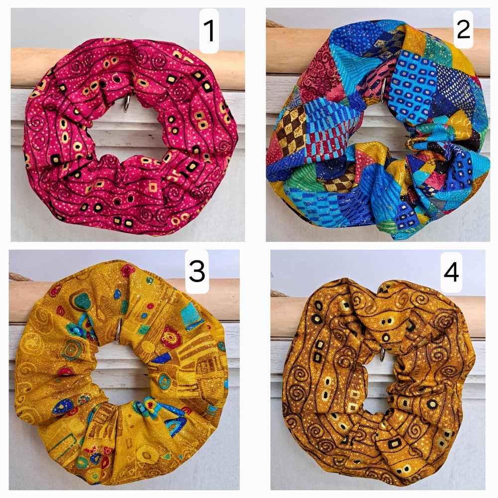ONE Scrunchie Hair Tie Cotton Patches Abstract Red Yellow Blue Gold Speckles